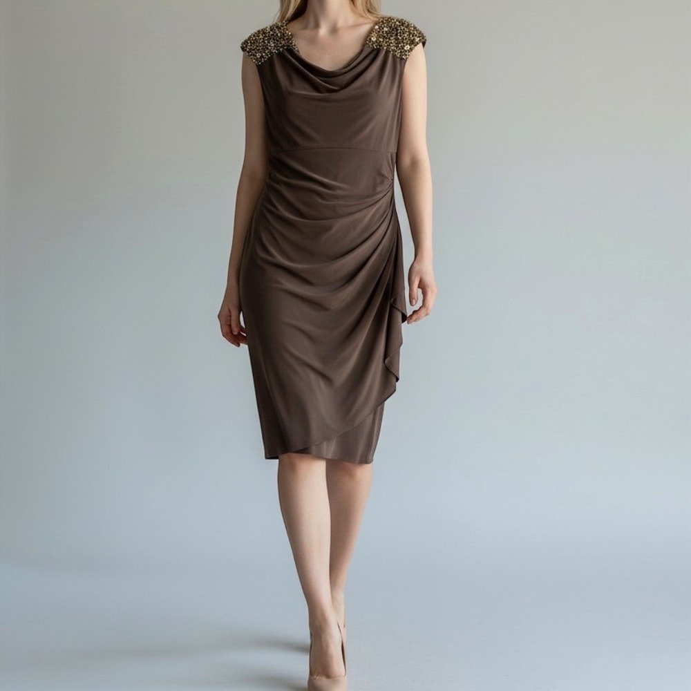 Alex Evenings Formal Cocktail Dress Brown Beaded Shoulders Cowl Midi SZ 10P